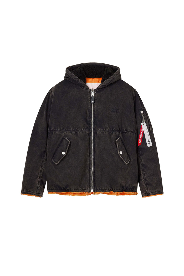 Purple X Alpha Industries Bomber in Black with reversible design and distressed details