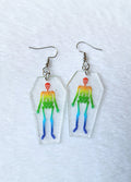 Rainbow Skeleton in Coffin Acrylic Dangle Earrings