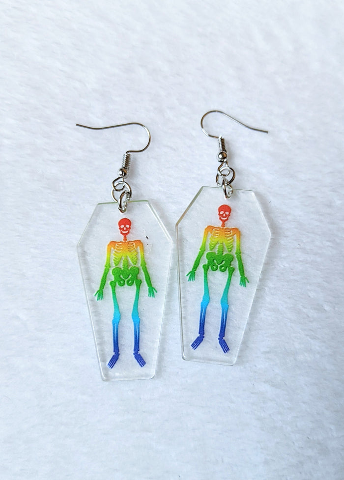 Rainbow Skeleton in Coffin Acrylic Dangle Earrings