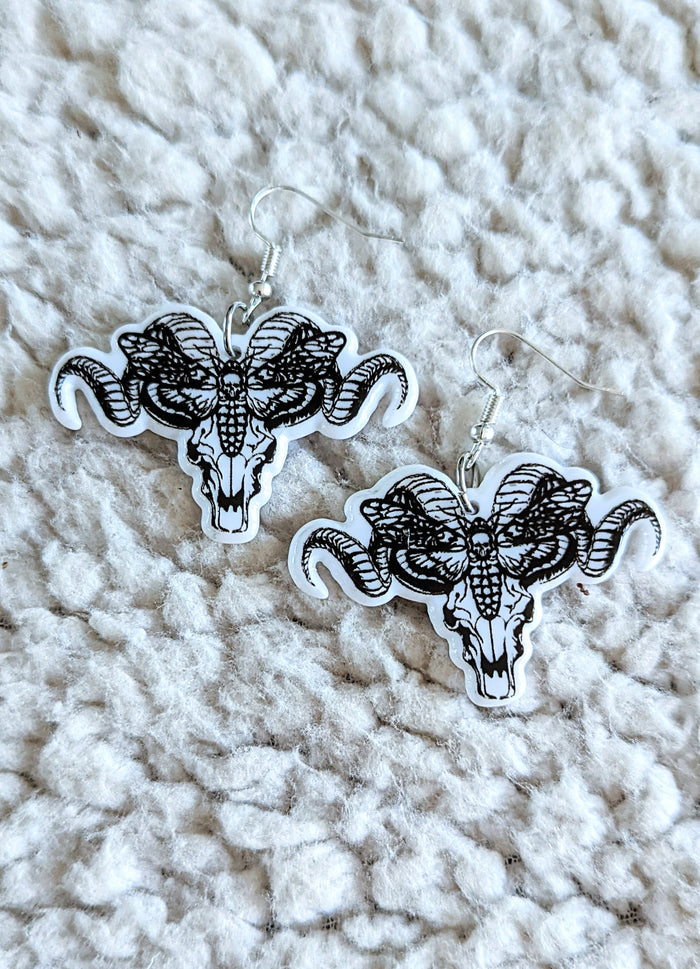 Ram Skull With Skull Moth Gothic Acrylic Dangle Earrings