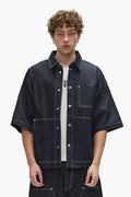 Raw Workwear Shirt oversized fit cropped length with snap front closure in raw indigo.