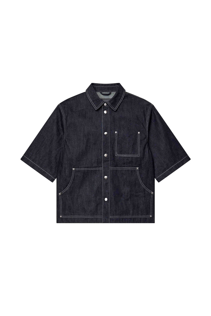 Raw Workwear Shirt oversized fit in raw indigo with snap front closure and contrast stitching