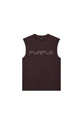Razor Tank Top textured sleeveless tee with brown wordmark and crystals
