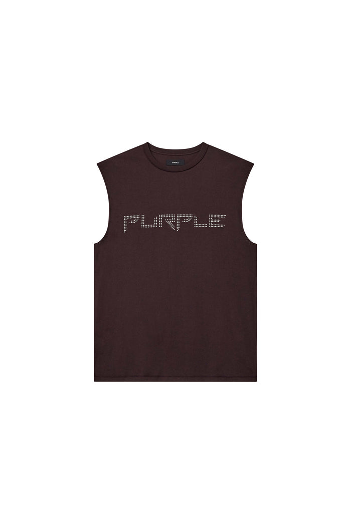 Razor Tank Top textured sleeveless tee with brown wordmark and crystals