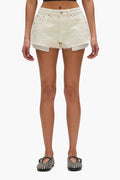 Rhinestone Denim Shorts in white with raw hems and exposed pocket-bags, mid-rise style.