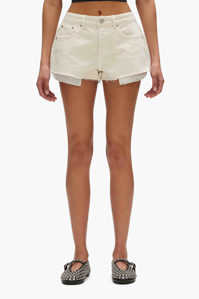 Rhinestone Denim Shorts in white with raw hems and exposed pocket-bags, mid-rise style.
