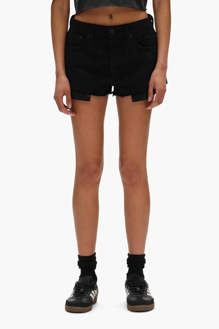 Rhinestone Denim Shorts in black with raw hems and exposed pockets, available in sizes 24-34.