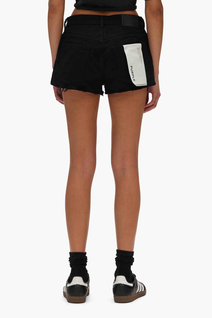 Rhinestone Denim Shorts with raw hems and corded front pocket openings in black denim.