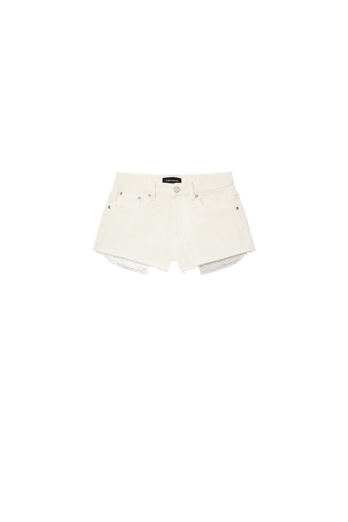Rhinestone Denim Shorts in white with raw hems and rhinestone-studded pockets.