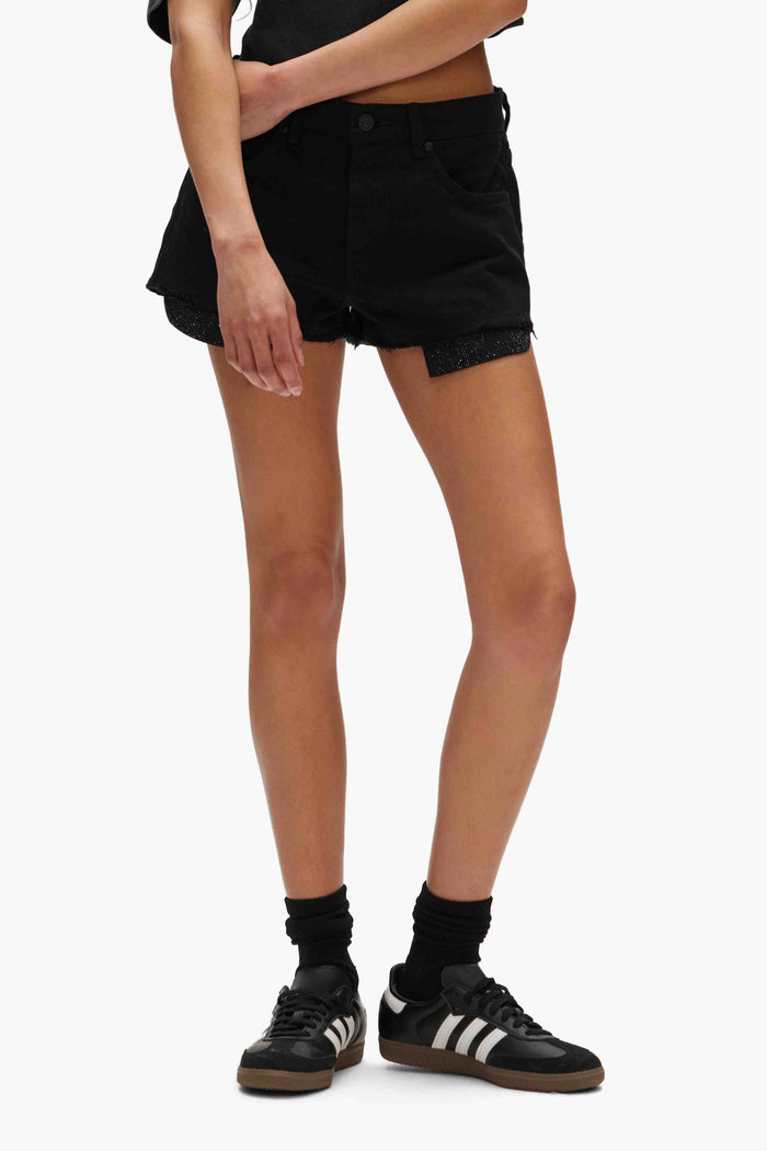Rhinestone Denim Shorts in premium black denim with raw hems and exposed pocket bags.