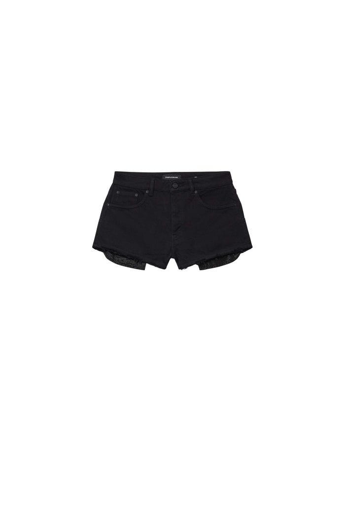 Rhinestone Denim Shorts in premium black denim with raw hems and studded rhinestones.