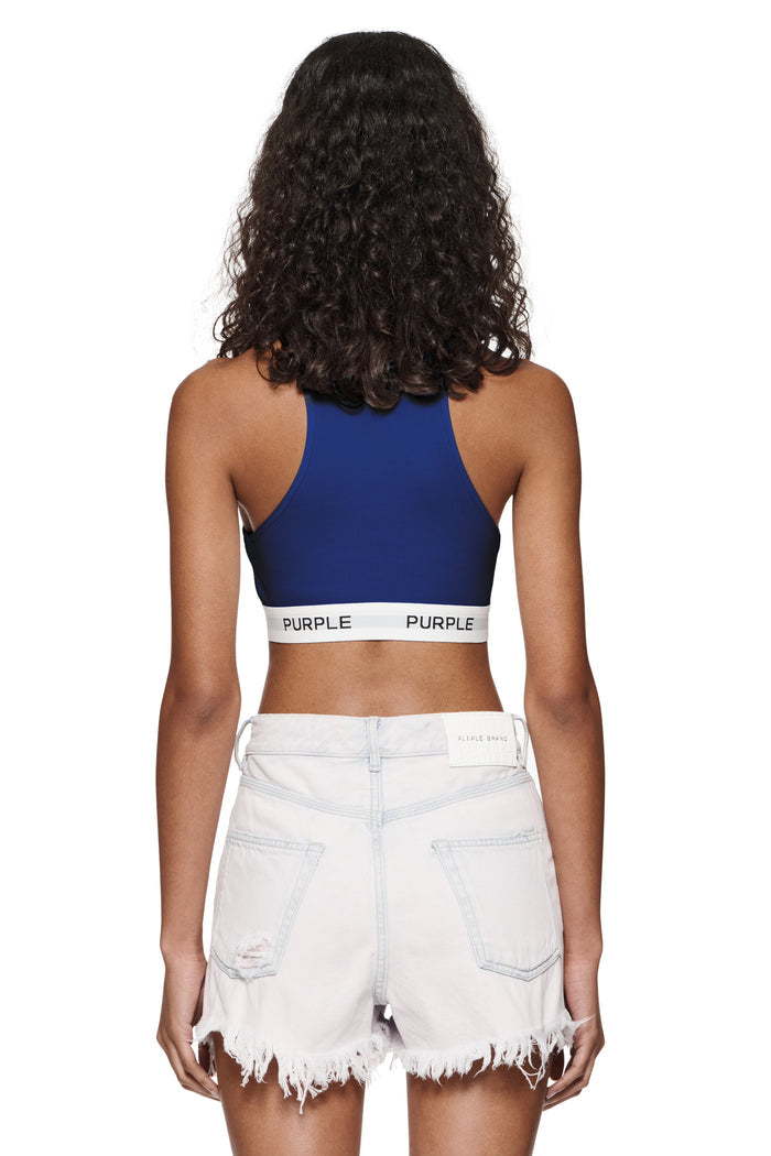 Rib Knit Bralette with wide purple branded elastic hem in slim fit design.