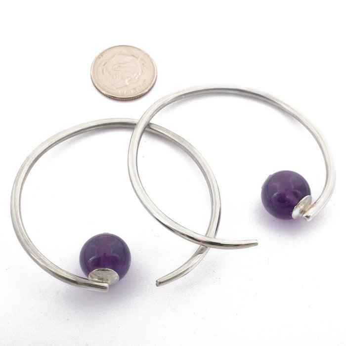 Round Dew Drop Hoops in Silver with Amethyst from Diablo Organics
