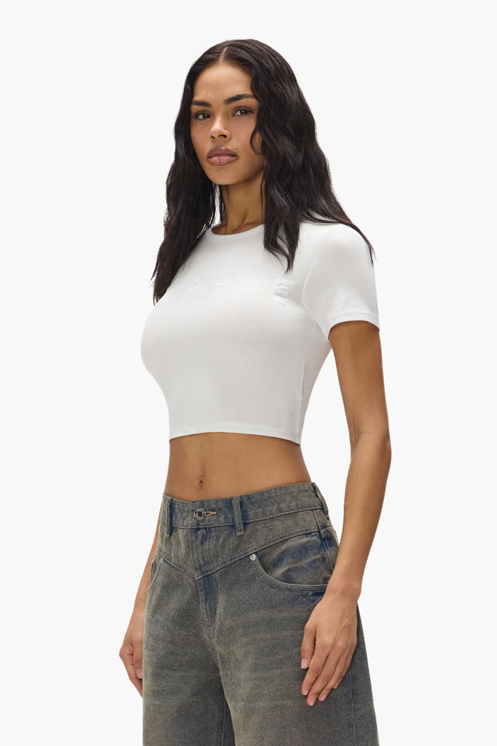 Sequin Baby Tee in slim fit with ribbed soft modal and sequins, available in sizes XXS to XL.