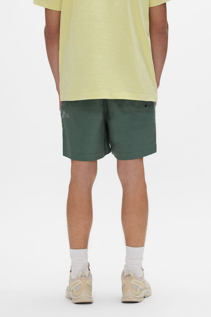Sequin Camouflage All Around Short with elastic waistband and flat drawcord.