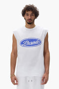 Sequin Script Tank Top in textured jersey, available in sizes XS to 3XL.