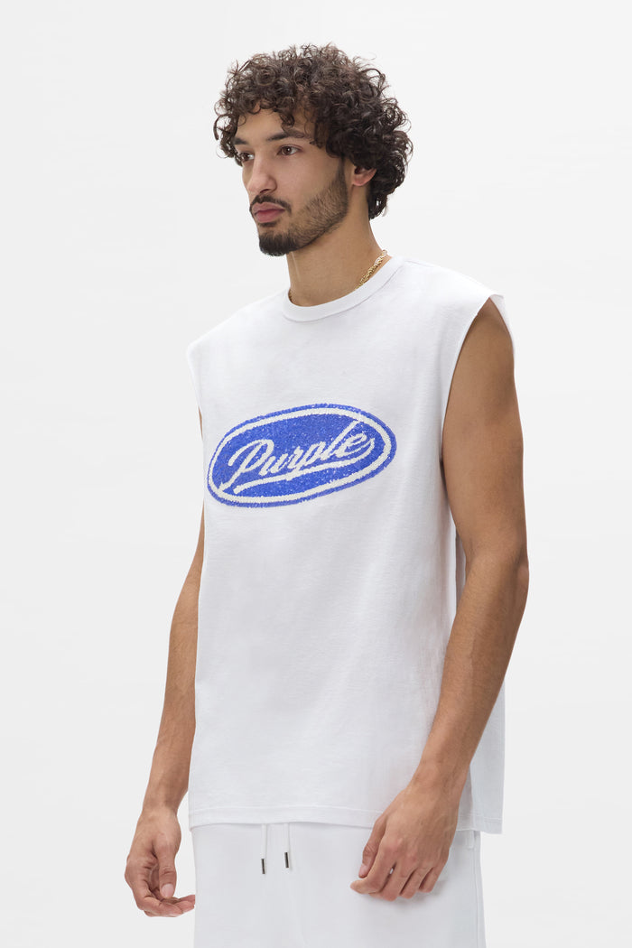 Sequin Script Tank Top in textured jersey with sequins, available in sizes XS to 3XL.