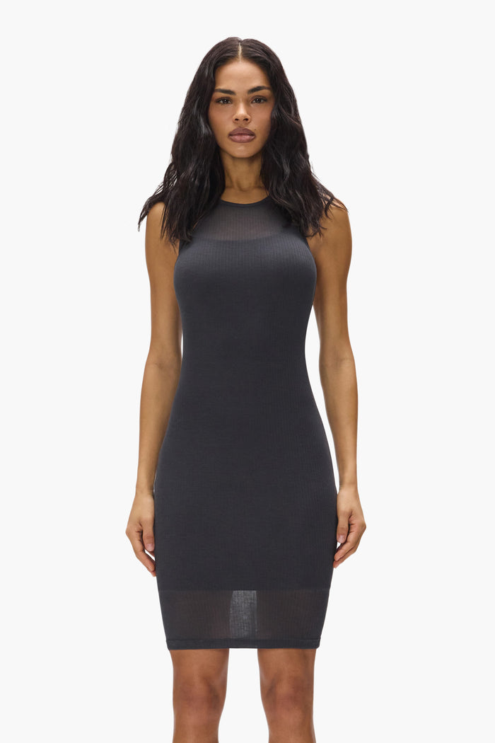 Sheer Layered Dress in slim fit with ribbed, sheer fabric, available in sizes XXS to XL.