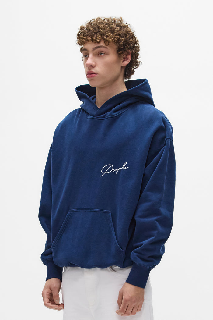 Signature Hoodie Oversized Fit in Navy with Kangaroo Pocket and Faded Wash