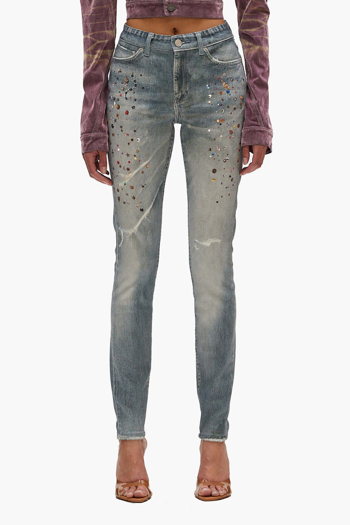 Skinny Jewel Jean in light indigo wash with jewel print and classic five-pocket styling