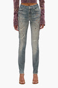 Skinny Jewel Jean in light indigo wash with jewel print and classic five-pocket styling