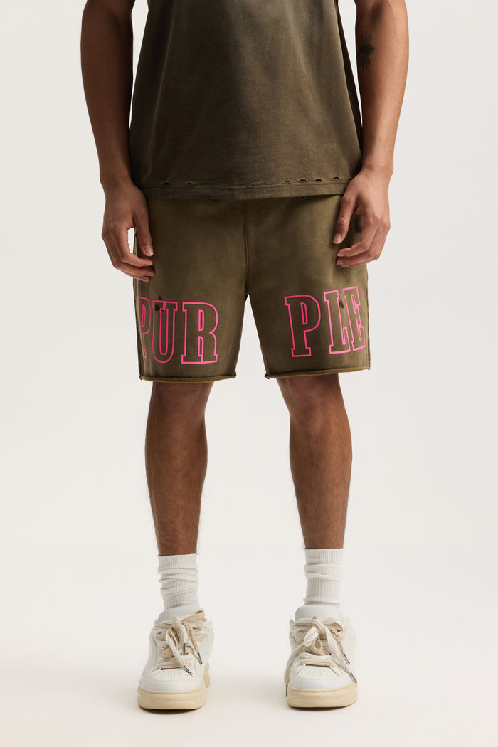 Slab Outline Short in heavy bleach wash with elastic waistband and on-seam hand pockets.