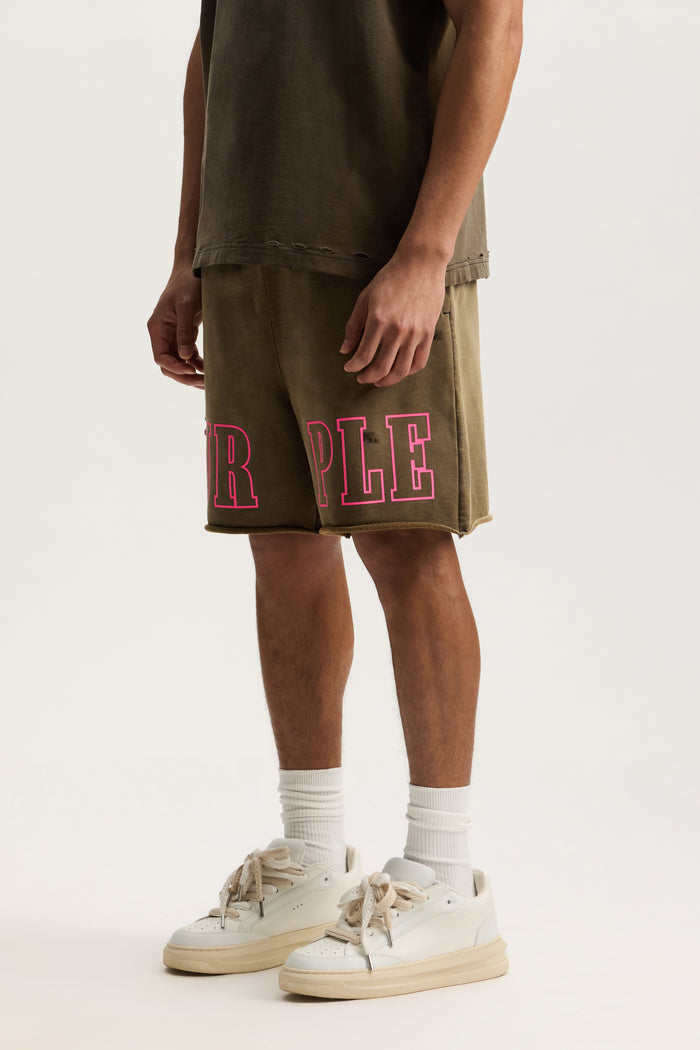 Slab Outline Short in heavy bleach wash with elastic waistband and on-seam hand pockets.