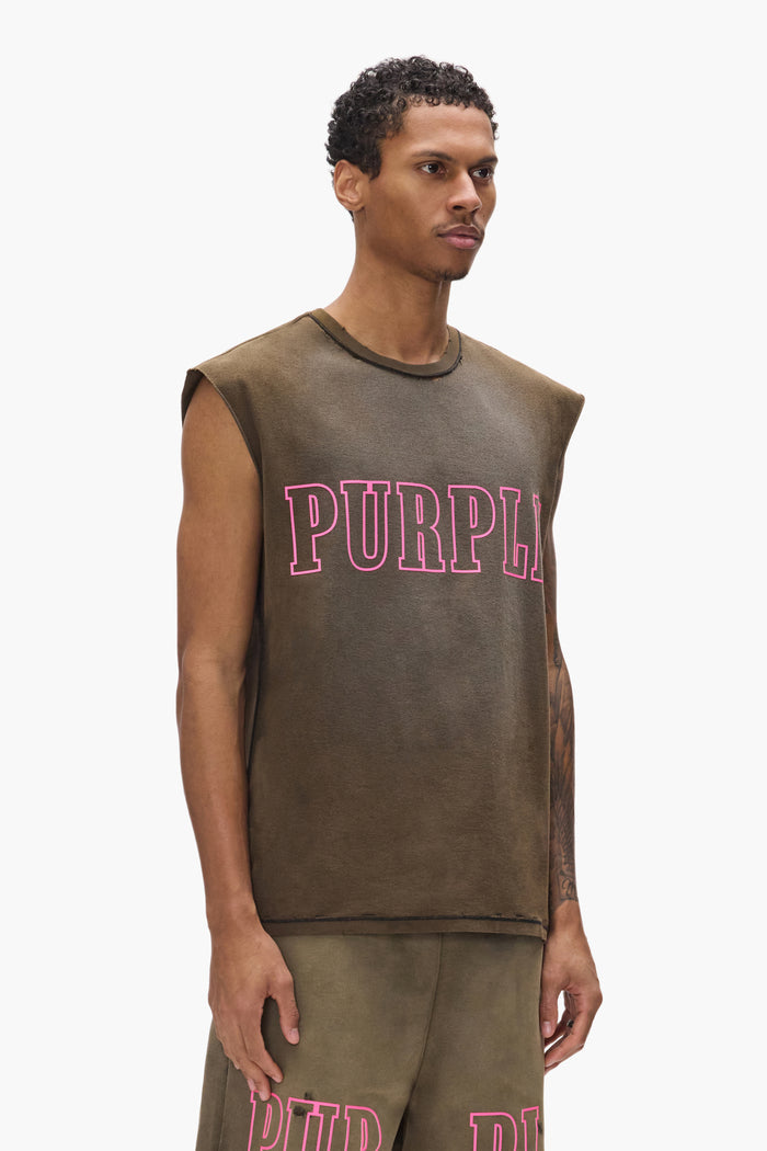 Slab Outline Tank Top in heavy bleach wash with textured jersey and raised matte silicone detailing.