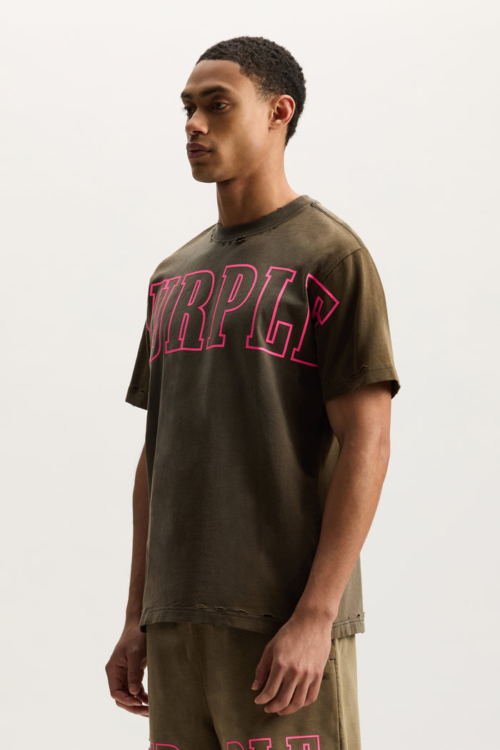 Slab Outline Tee in heavy bleach wash, made of 100% cotton with raised matte silicone detailing.