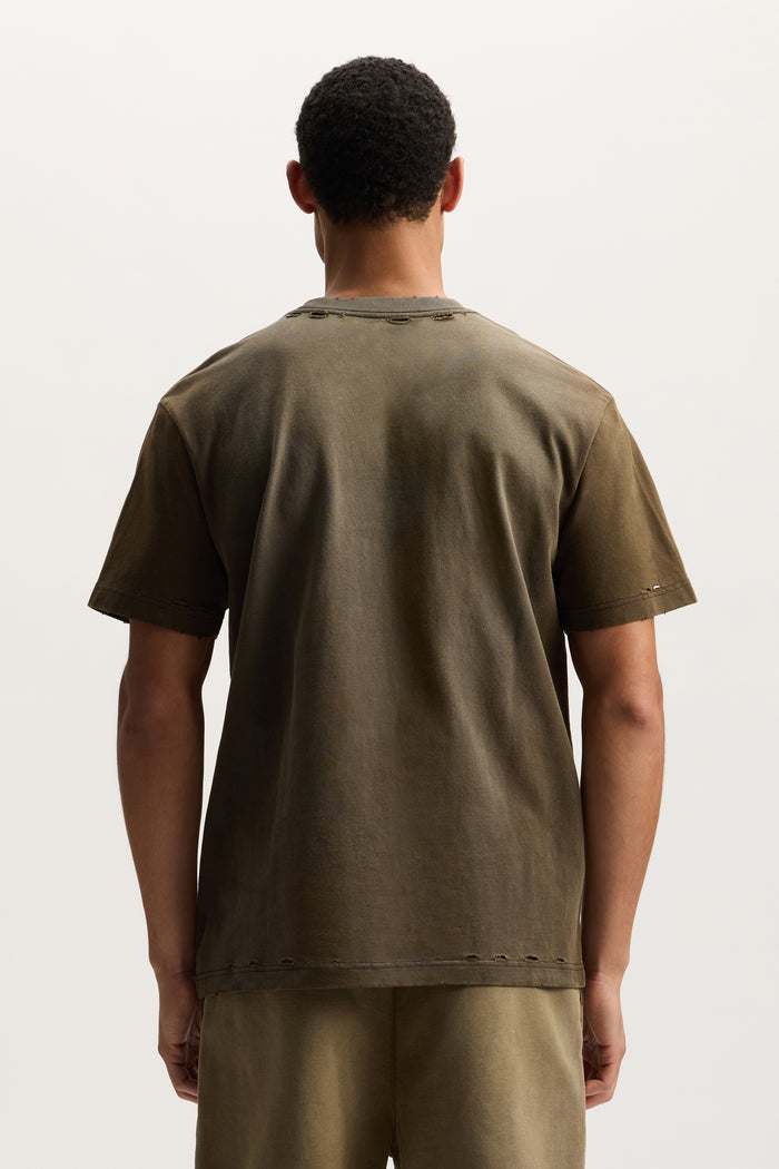 Slab Outline Tee in heavyweight jersey with raised matte silicone and distressing details