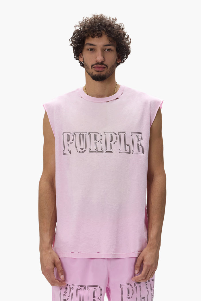 Slab Wordmark Tank Top in pink, 100% cotton, regular fit with crackle print and faded wash.