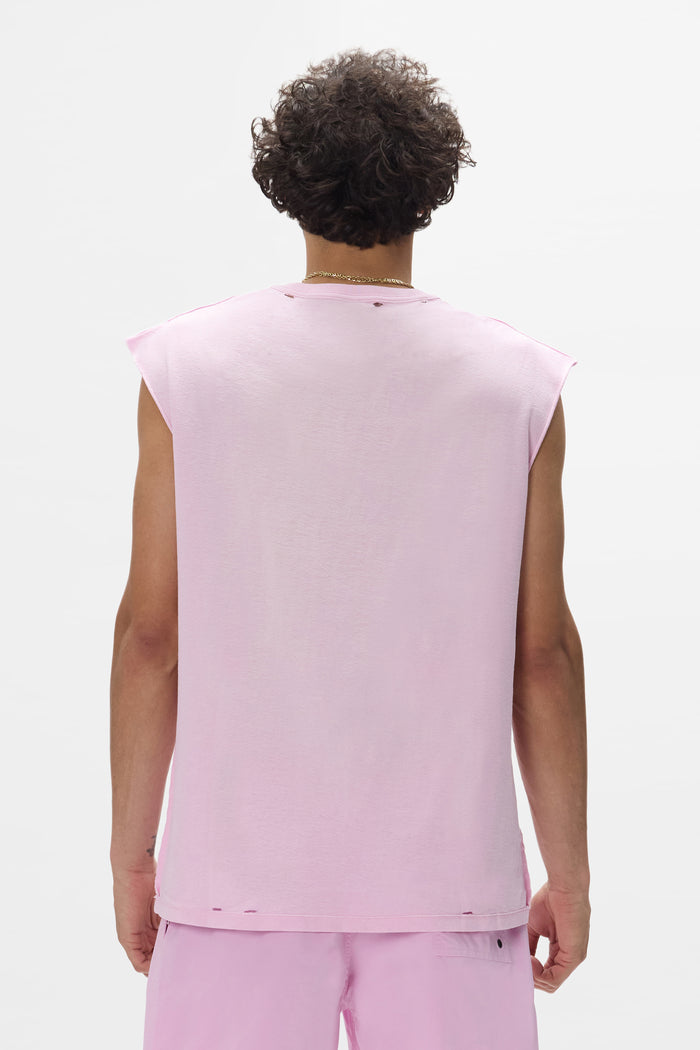 Slab Wordmark Tank Top in pink with faded wash and crackle print, available in multiple sizes.