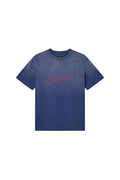 Slanted Script Tee in Sargasso Sea with a faded wash and crackle print, made from 100% cotton.