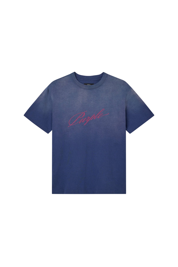 Slanted Script Tee in Sargasso Sea with a faded wash and crackle print, made from 100% cotton.