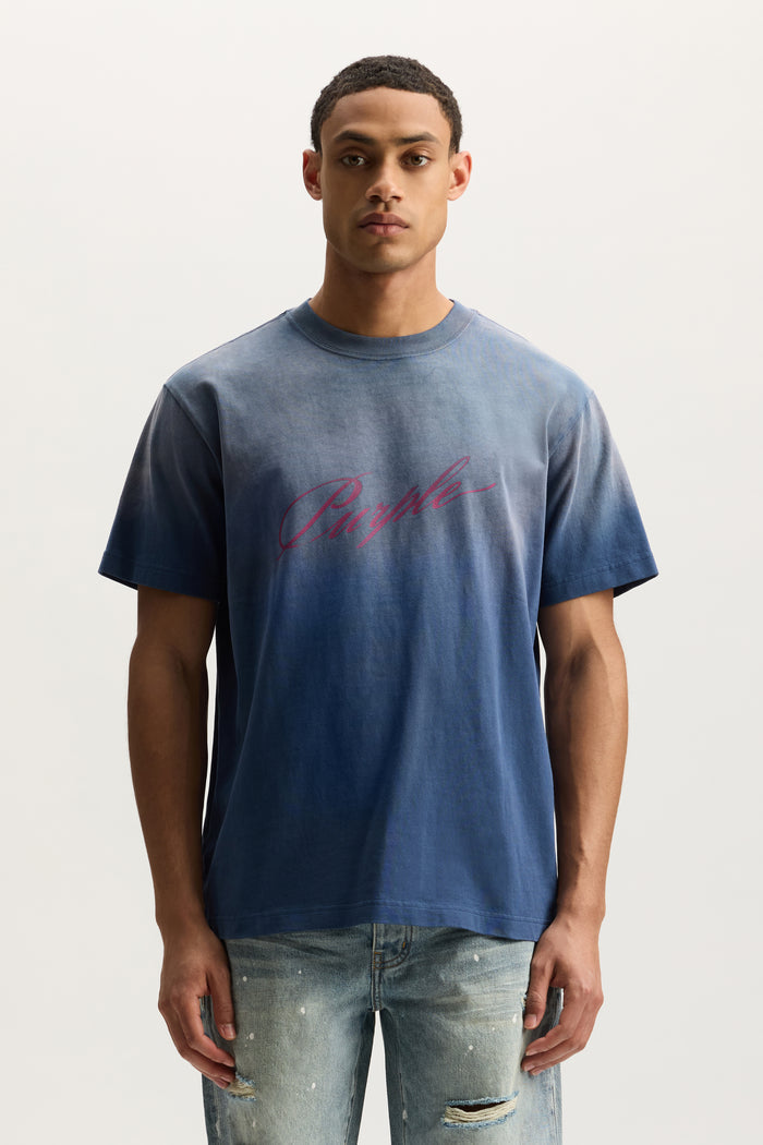 Slanted Script Tee in Faded Wash with Crackle Print, available in multiple sizes.