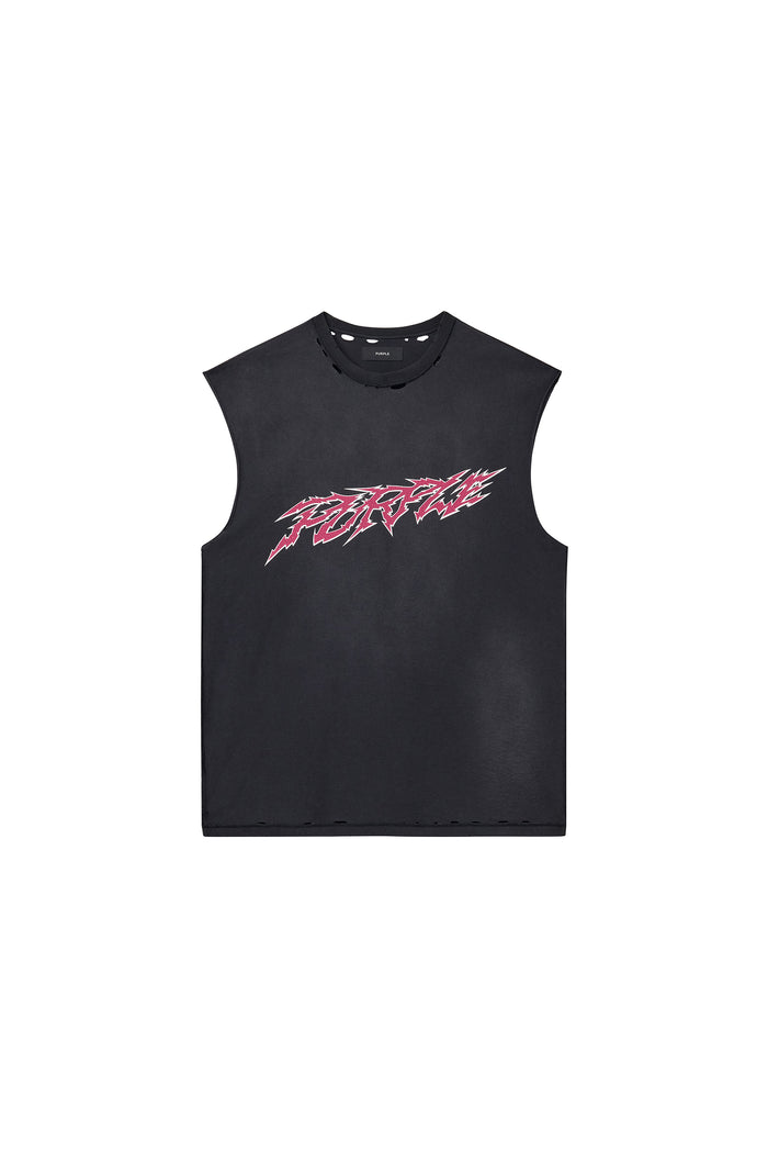 Slasher Tank Top black textured sleeveless tee with heavy faded and mid acid wash.