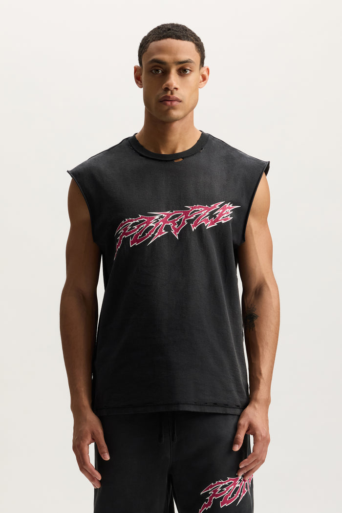 Slasher Tank Top in Mid Acid Wash with Crackle Print, Regular Fit, available in various sizes.