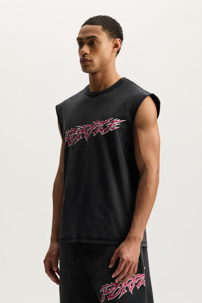 Slasher Tank Top in heavy faded and mid acid wash with crackle print, available in various sizes.