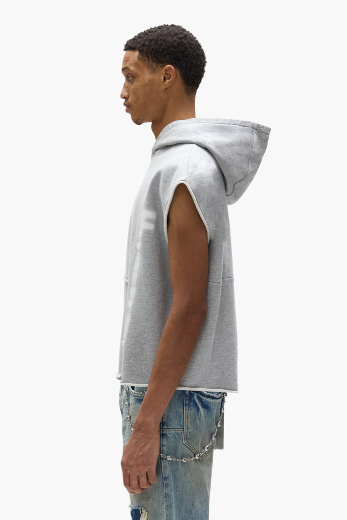 Sleeveless hoodie in midweight cotton fleece with Purple brand lettering and kangaroo pocket.