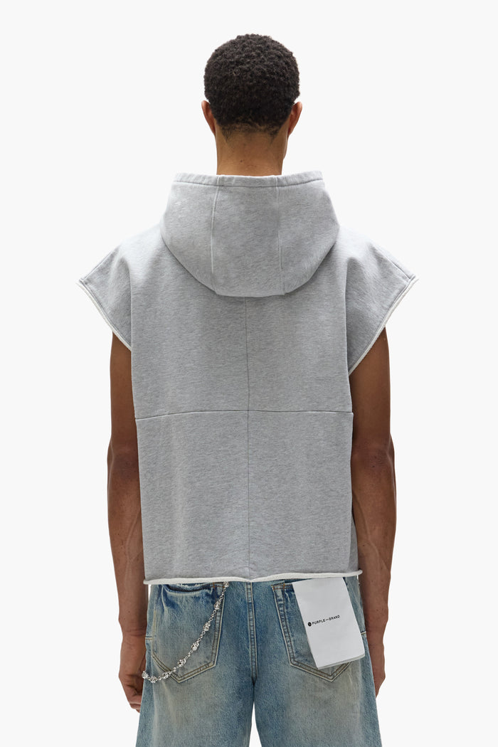 Sleeveless hoodie with Purple brand lettering, oversized fit, and kangaroo pocket.