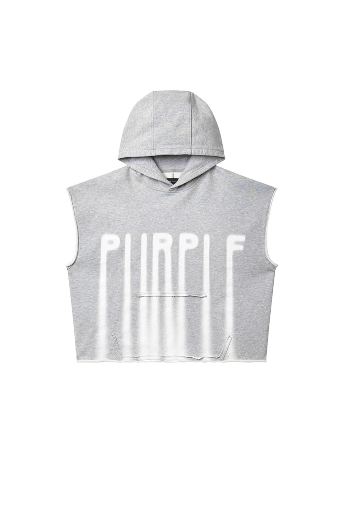 Sleeveless hoodie in midweight cotton fleece with Purple brand lettering and kangaroo pocket.