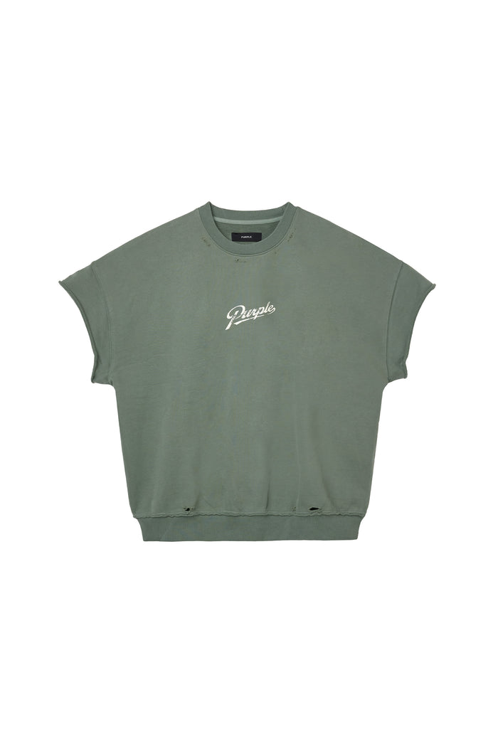 Slugger Script Muscle Tee in green, relaxed fit, short sleeve, with raw edges and rib hem.