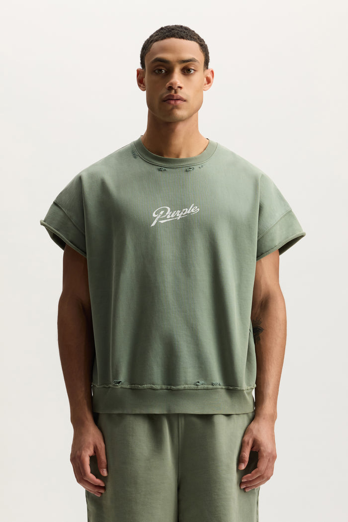 Slugger Script Muscle Tee in mid acid wash with relaxed fit and short sleeves.