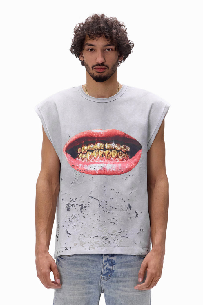 Smile Tank Top Oversized Fit in Gray with Textured Jersey and Digital Printed Design