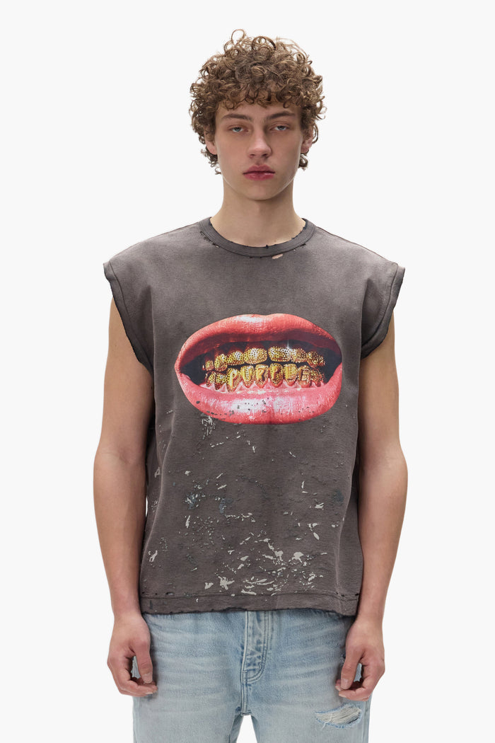 Smile Tank Top, oversized fit, textured jersey, bleach wash, digital printed design, brown.