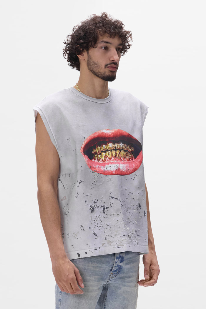 Smile Tank Top Oversized Fit in Dirty Wash Spray with Digital Printed Design and Embroidery