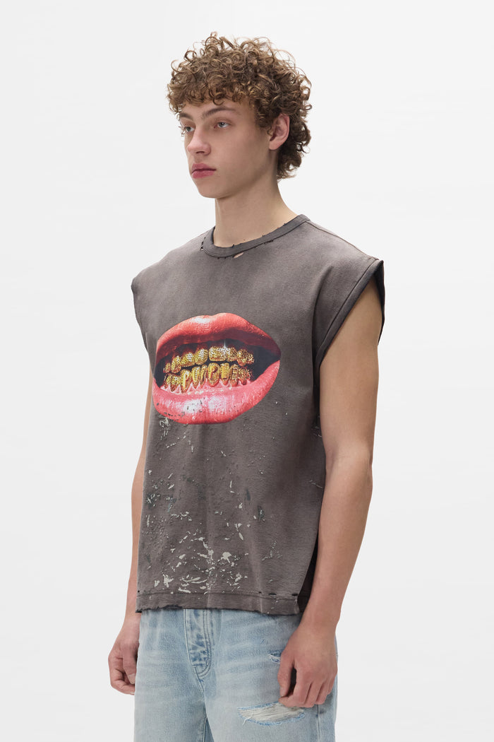 Smile Tank Top, oversized fit, textured jersey, bleach wash, digital printed design, brown