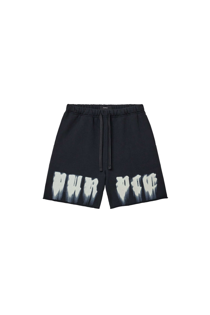 Smudged Gothic Shorts in black with relaxed fit and elastic waistband, heavyweight fleece fabric.