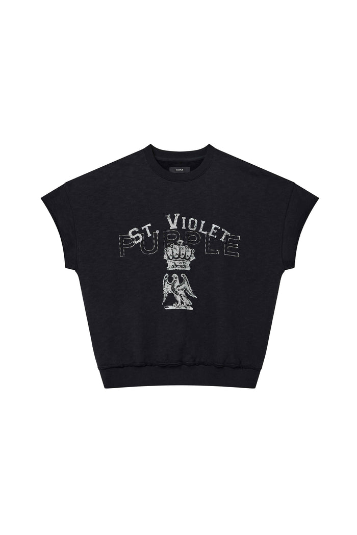 St. Violet Crystals Muscle Tee, black, relaxed fit, round neckline, short sleeve, raw edges.
