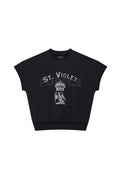 St. Violet Crystals Muscle Tee, black, relaxed fit, round neckline, short sleeve, raw edges.